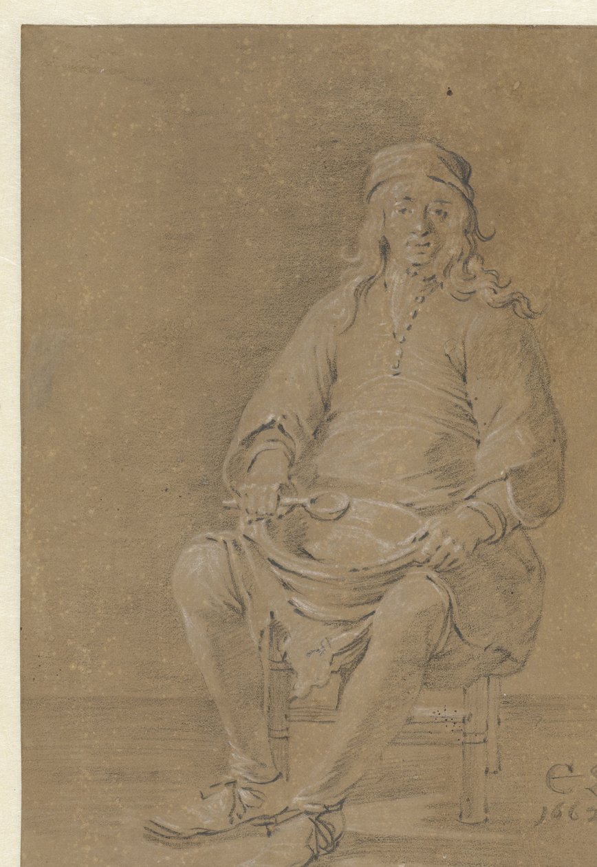 Homme assis avec un bol sur les genoux - Cornelis Saftleven