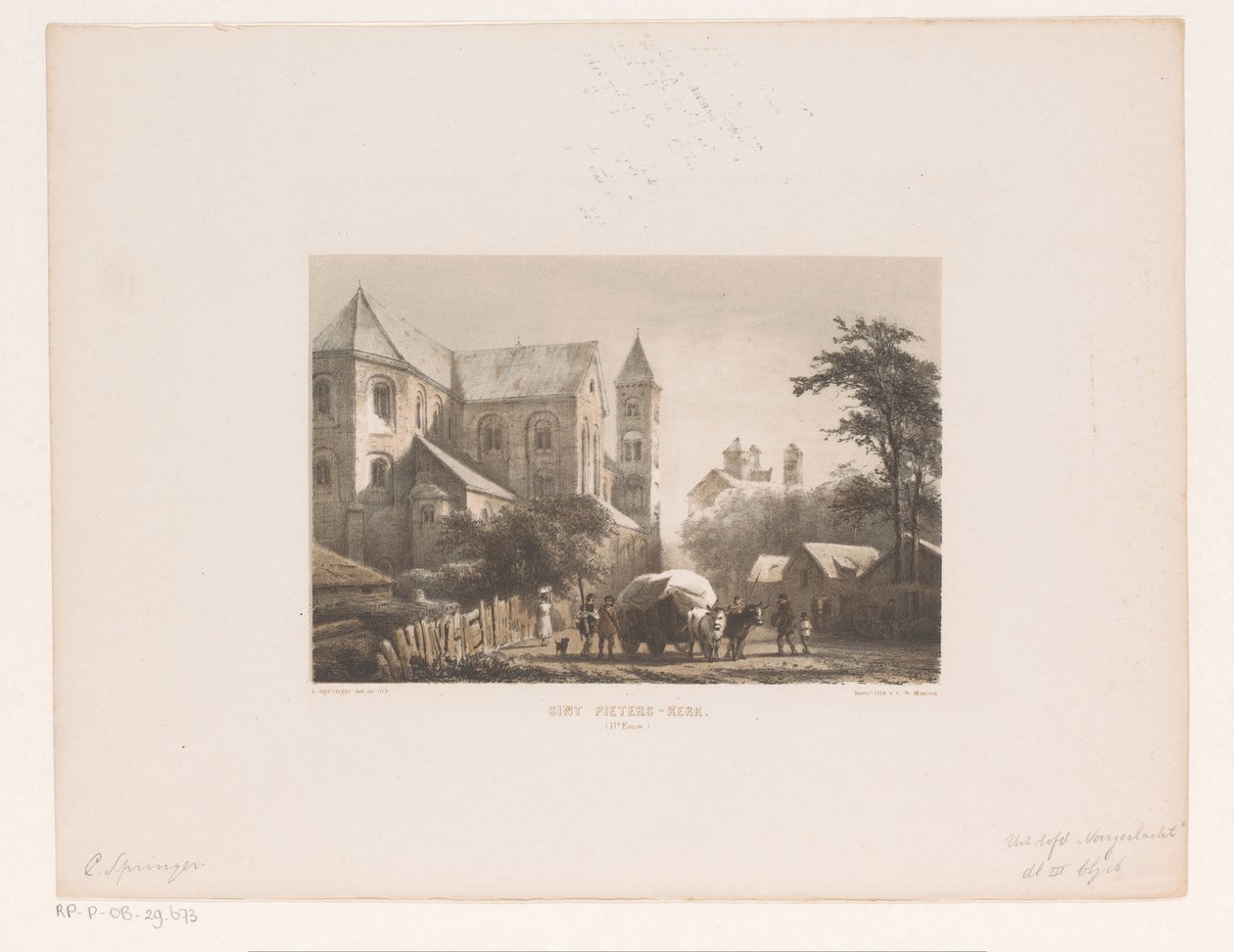 Bovins avec charrette devant une église du XIe siècle - Cornelis Springer