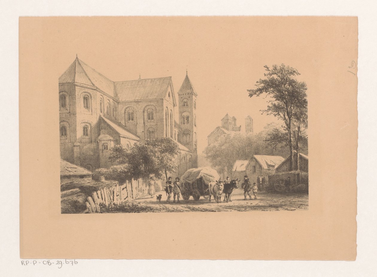 Bovins avec charrette devant une église du XIe siècle - Cornelis Springer