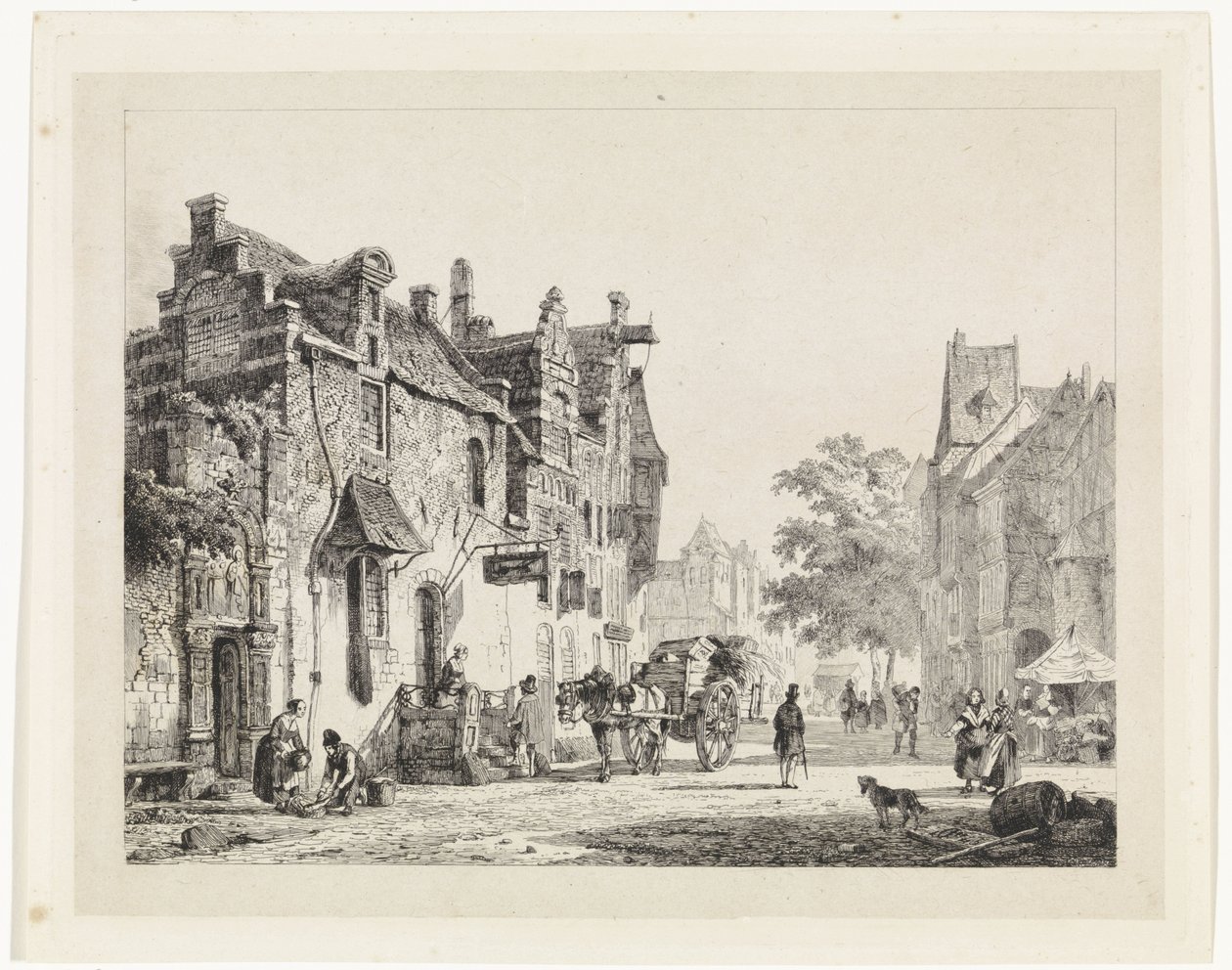 Vue de la ville avec une charrette tirée par des chevaux - Cornelis Springer