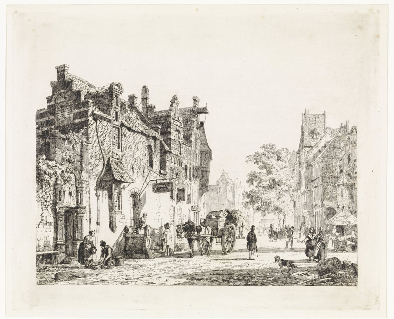 Vue de ville avec charrette à cheval - Cornelis Springer