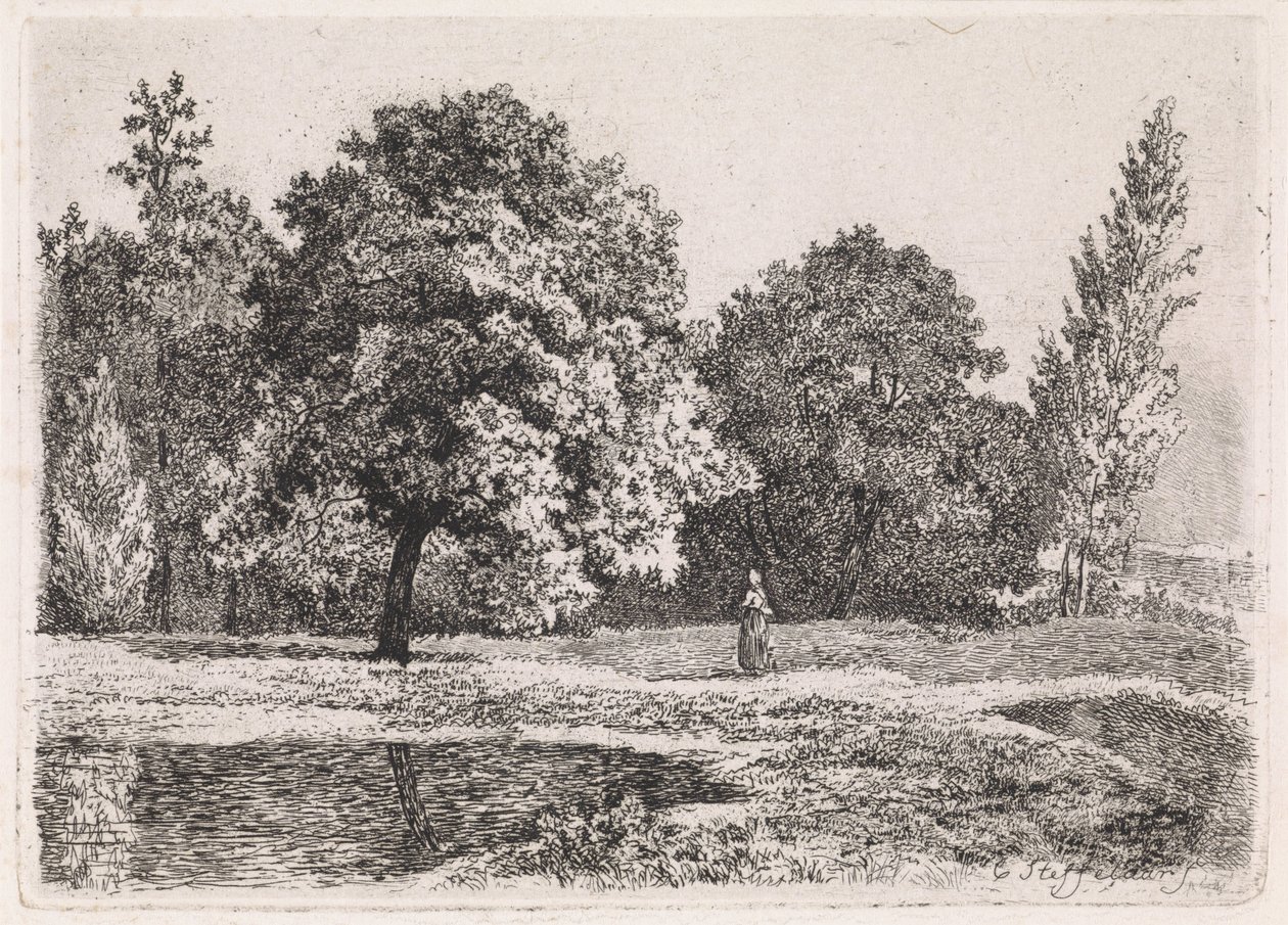 Paysage avec arbres, lac et femme (Cinquième suite) - Cornelis Steffelaar