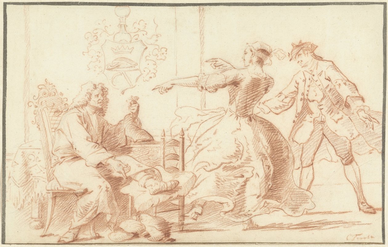 Le riche goutteux, moqué par une jeune femme - Cornelis Troost