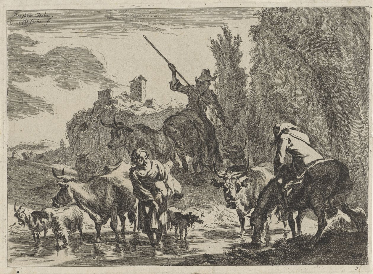 Bergers avec du bétail traversant un ruisseau (Paysages) - Cornelis Visscher (II)