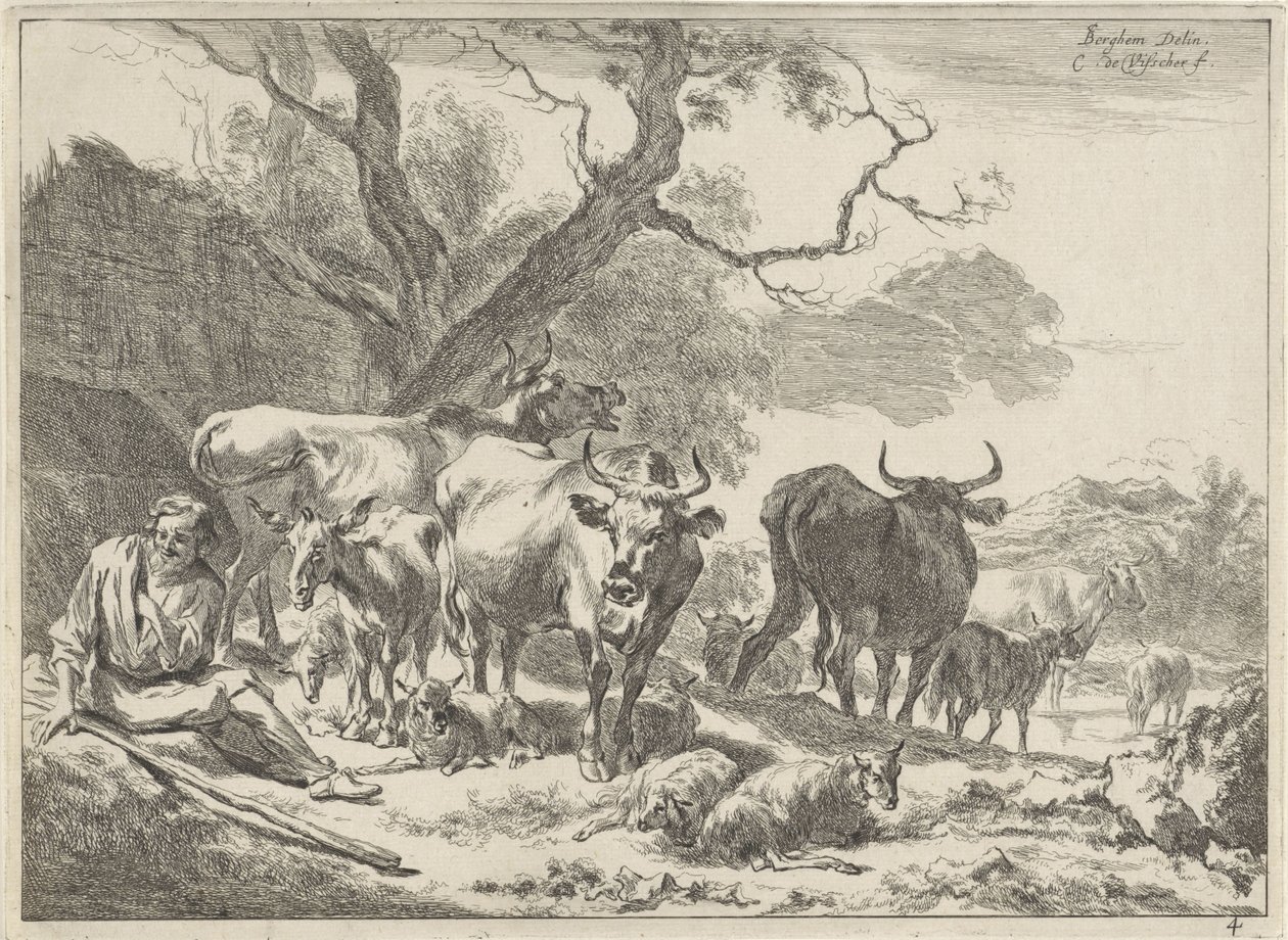 Vieux berger se reposant avec son troupeau - Cornelis Visscher (II)
