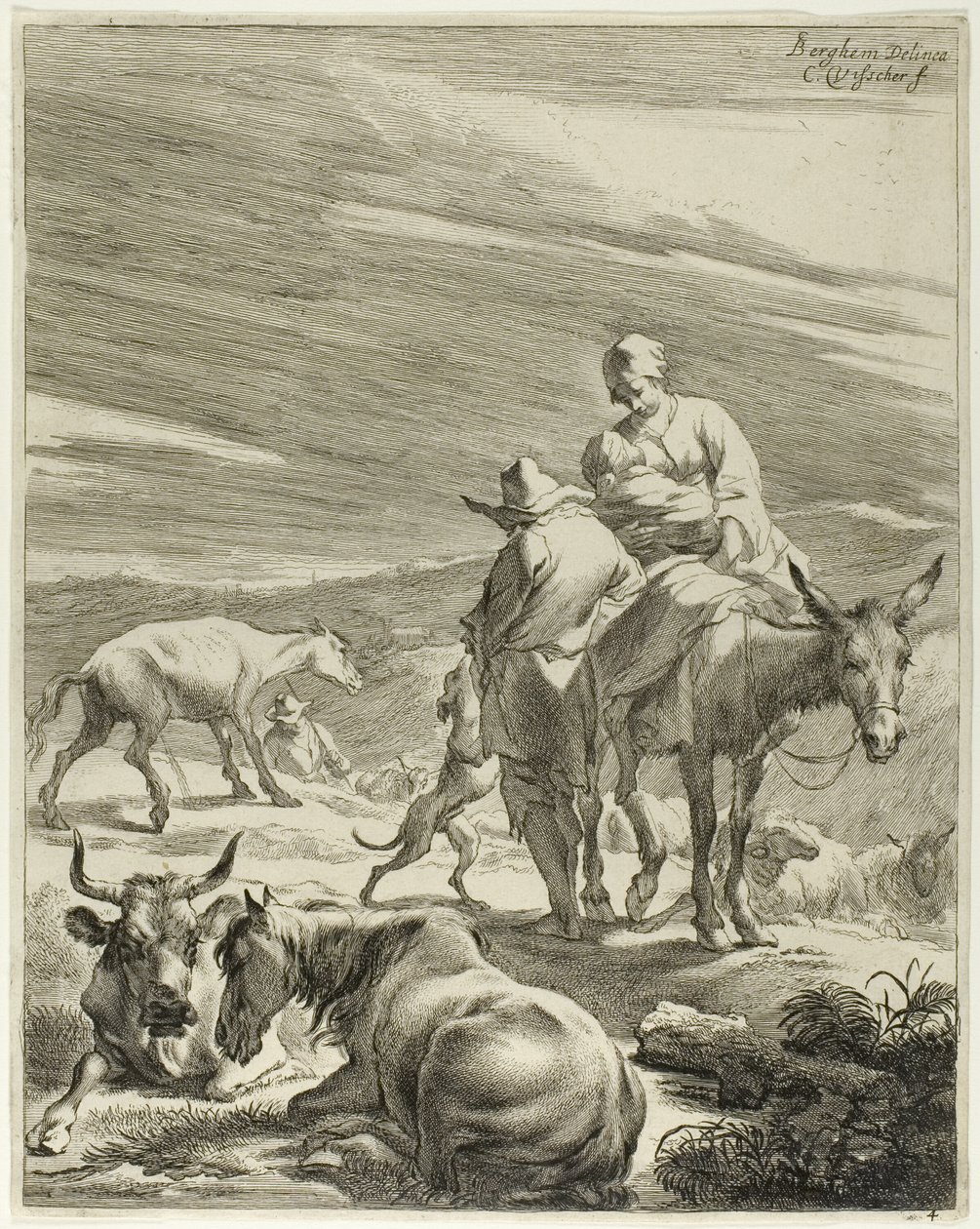 Une mère et un enfant emmailloté chevauchant un âne, planche 4 de Four Landscapes - Cornelis Visscher