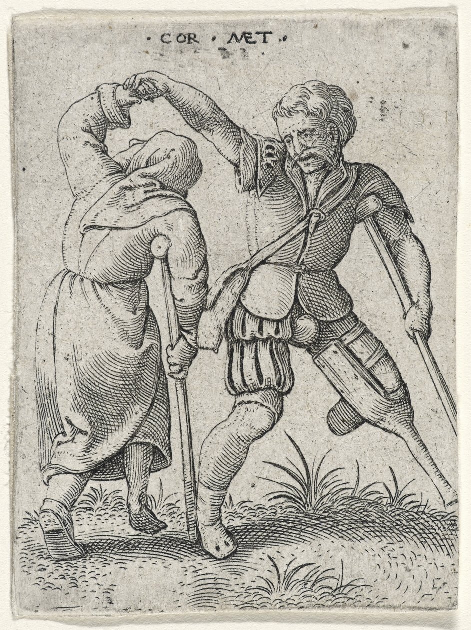 Un homme avec une jambe de bois tournant une femme boiteuse sous son bras, 1572 (gravure sur papier vergé) - Cornelis after Massys