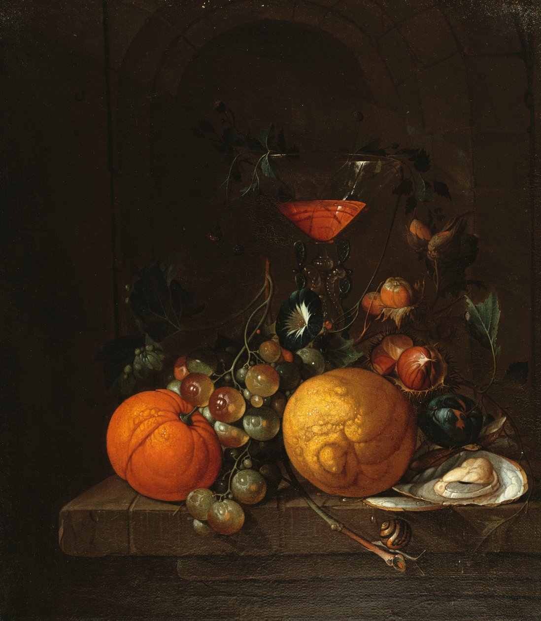 Un citron, une orange, des raisins, une huître et un verre de vin sur un rebord - Cornelis de Heem