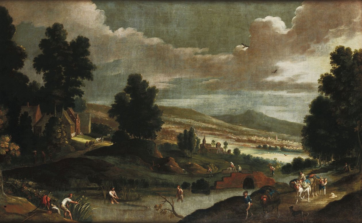 Paysage avec des voyageurs et des pêcheurs - Cornelis de Wael