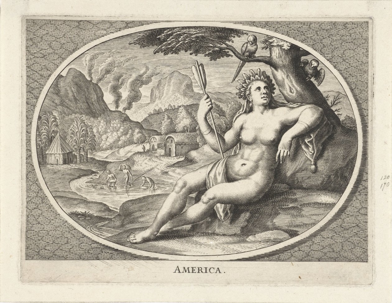 Personnification féminine du continent américain comme femme avec coiffe de plumes et flèche dans un paysage America (titre sur l