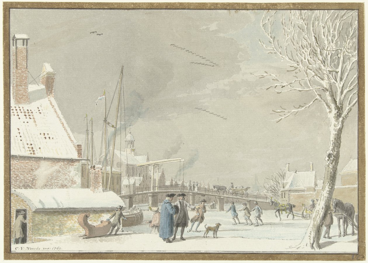 Canal de ville gelé avec patineurs - Cornelis van Noorde