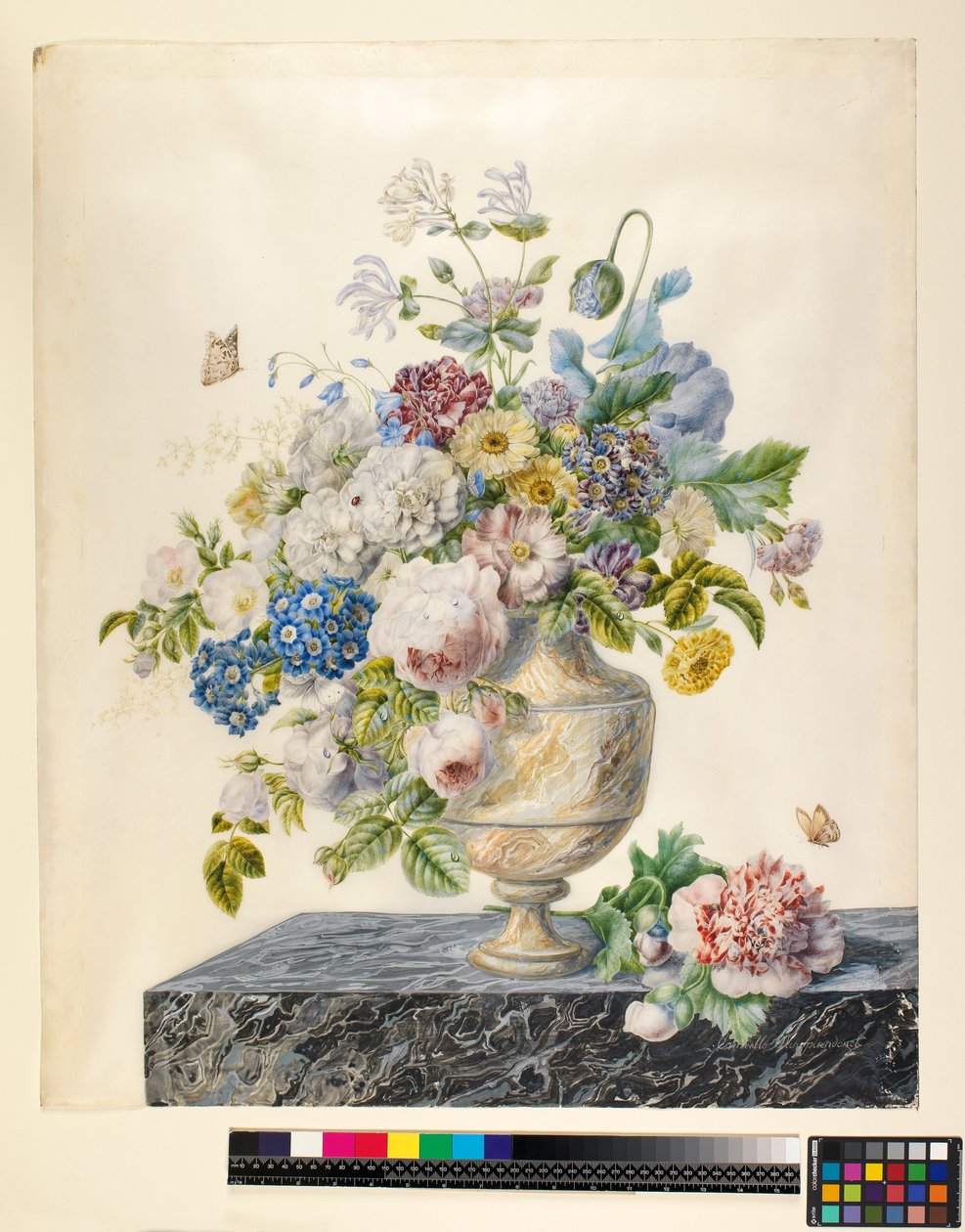 Un vase de marbre avec des fleurs mélangées sur une étagère en marbre, vers 1800 - Cornelis van Spaendonck