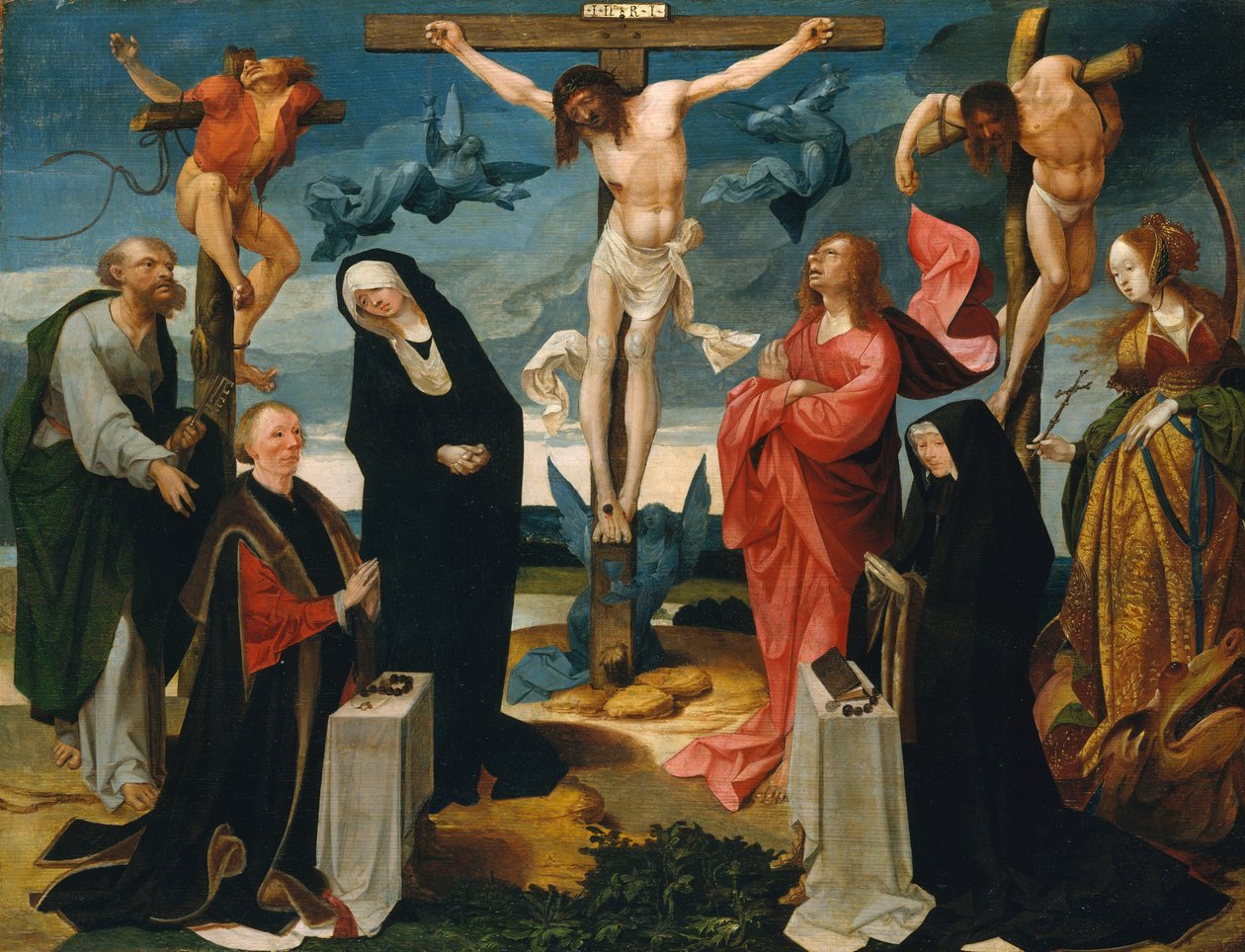 La Crucifixion avec donateurs et saints Pierre et Marguerite - Cornelius Engebrechtsz