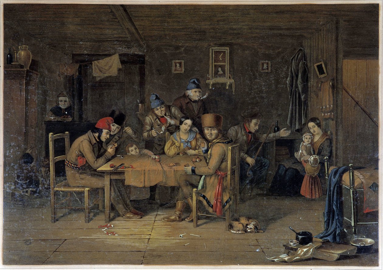 Colons français au Canada jouant aux cartes - peinture de Krieghoff - Cornelius Krieghoff