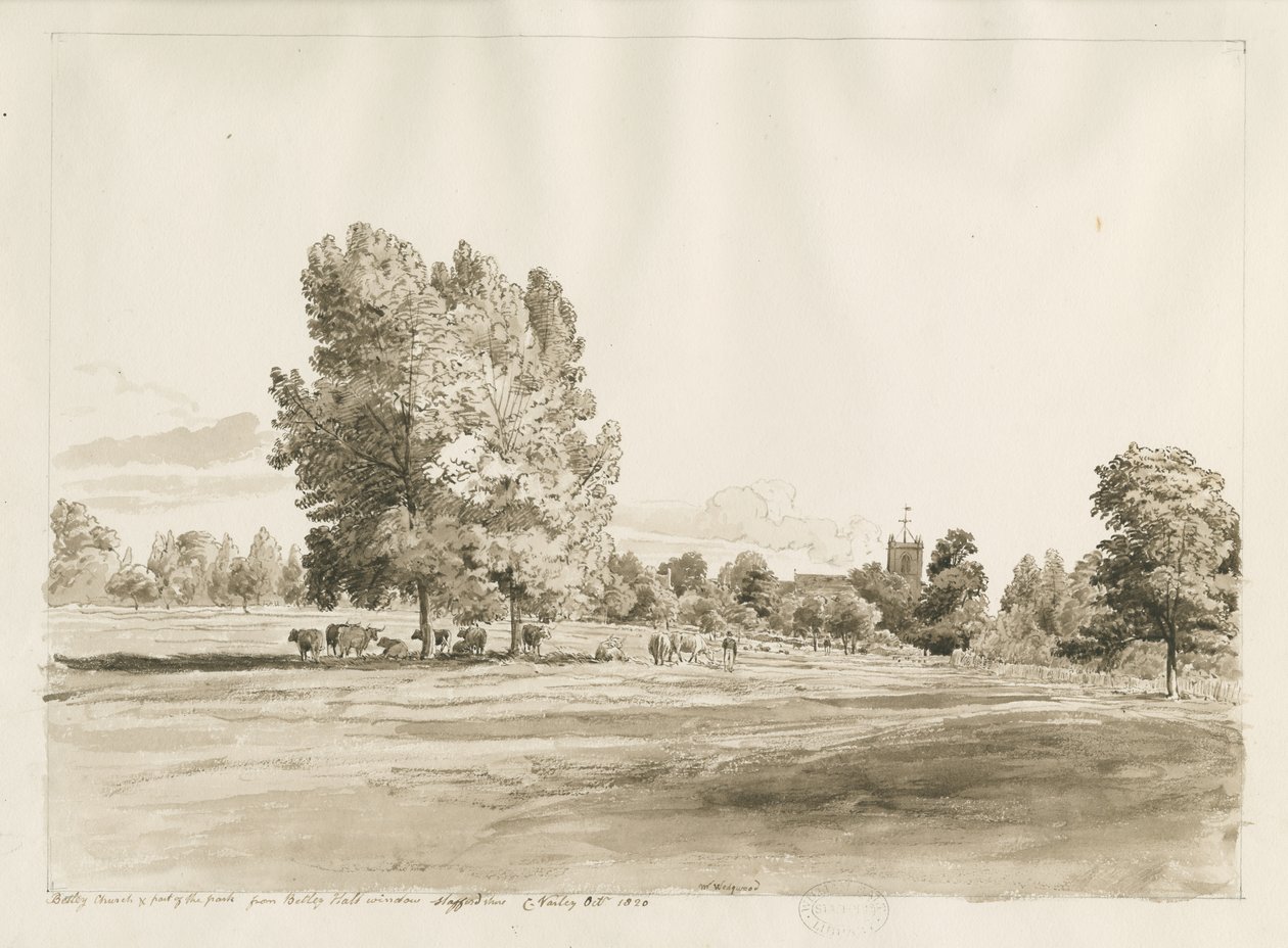 Église de Betley: dessin à la plume et au lavis sépia, Oct 1820 - Cornelius Varley