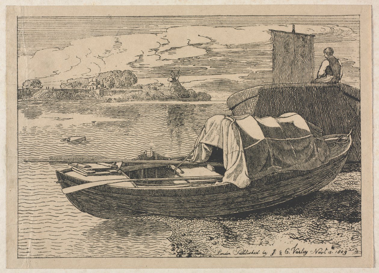 Bateaux sur une rivière, moulin à vent au loin, 1809 - Cornelius Varley