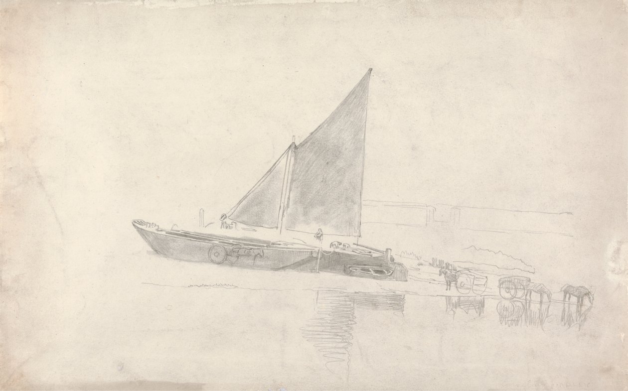 Étude de bateaux avec chevaux et charrettes - Cornelius Varley