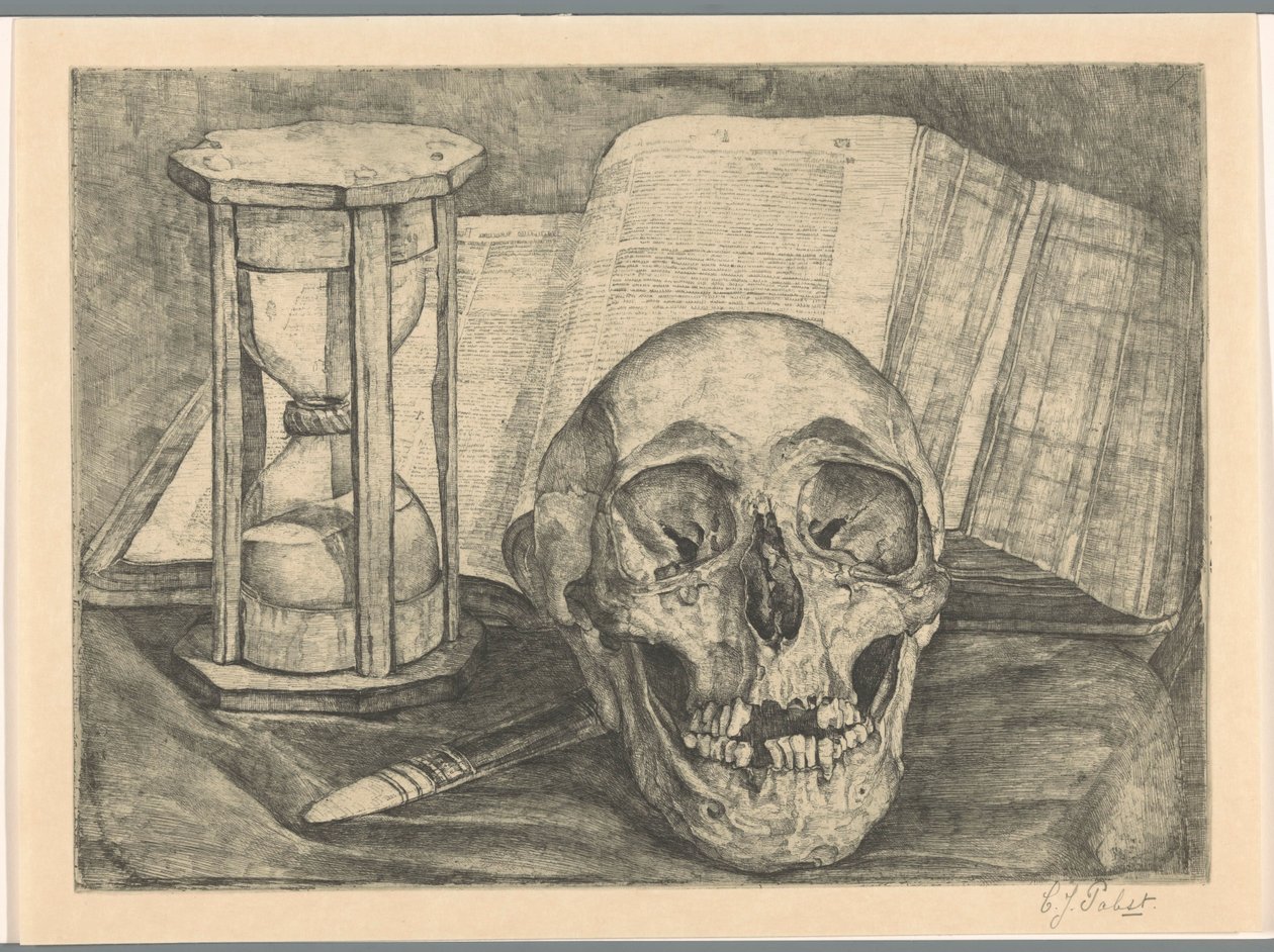 Nature morte avec un crâne, un sablier, un livre et un couteau - Corrie Pabst (signed by artist)