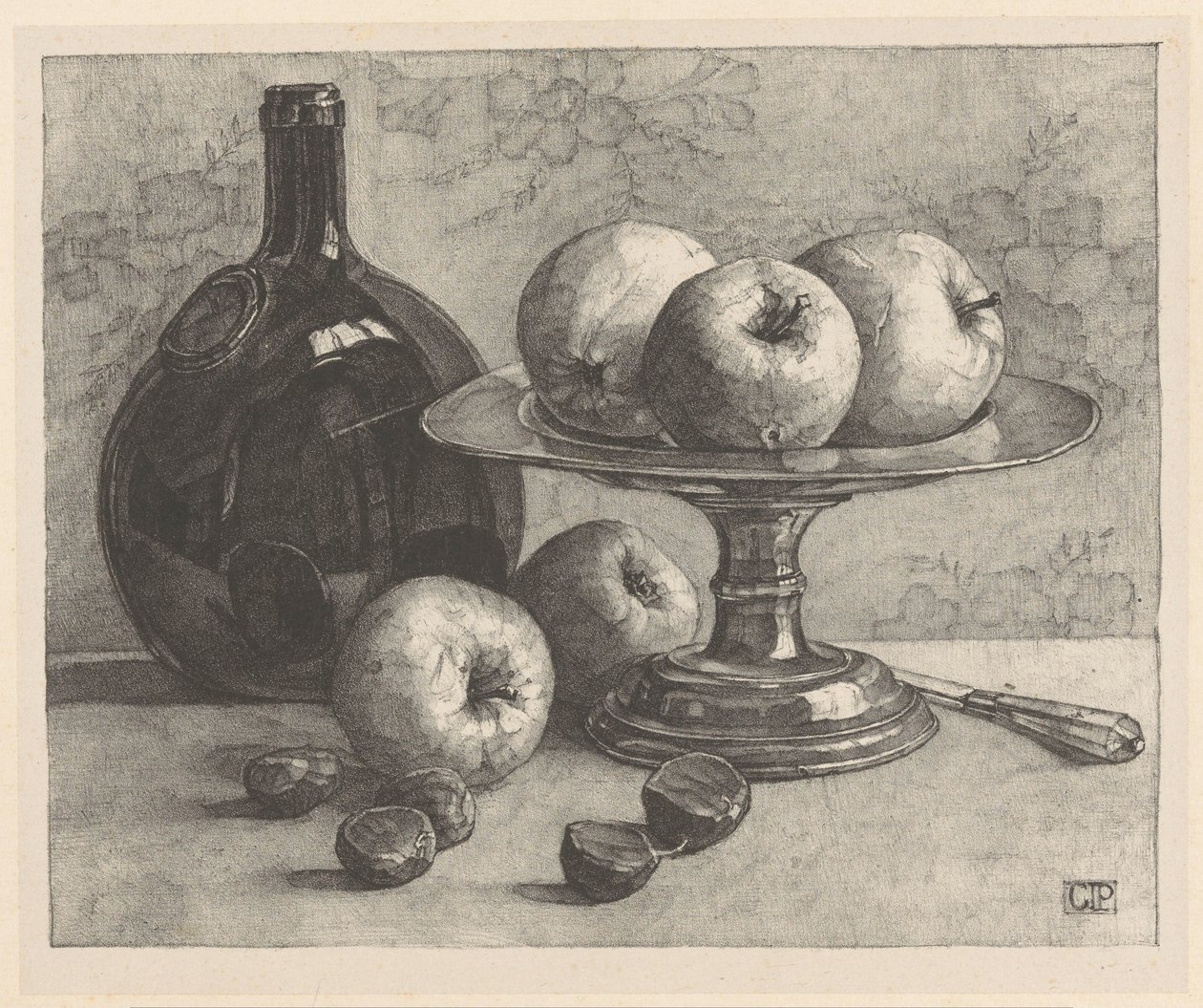Nature morte avec une bouteille, un plat, des pommes, des châtaignes et un couteau - Corrie Pabst