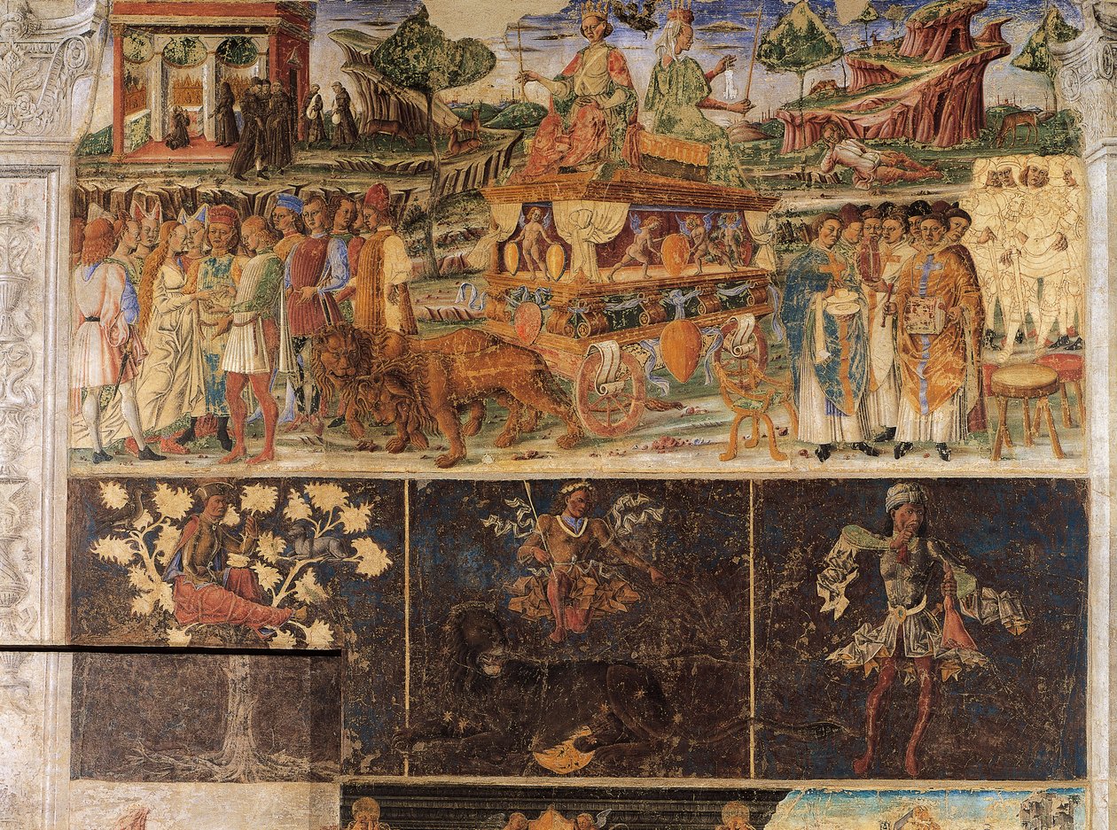 Triomphe de Jupiter et Cybèle et Signe du Lion, scènes du Mois de Juillet, fresque, mur nord, Salle des Mois, Palazzo Schifanoia (Palais de la Joie), Ferrare, Italie, vers 1470 - Cosimo Tura