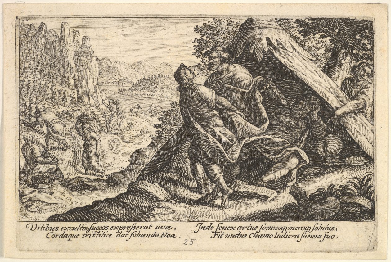 Ivresse de Noé : Sem et Japhet couvrent le corps nu de Noé, qui est allongé dans une tente, 1612 - Crispijn de Passe I
