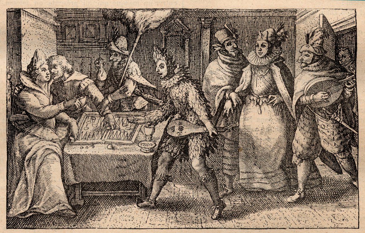Une partie de backgammon avec des joueurs ambulants - Gravure sur cuivre néerlandaise; d