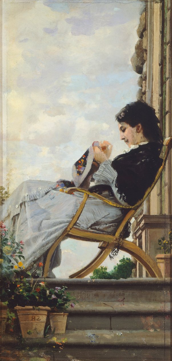 Femme cousant sur la terrasse - Cristiano Banti