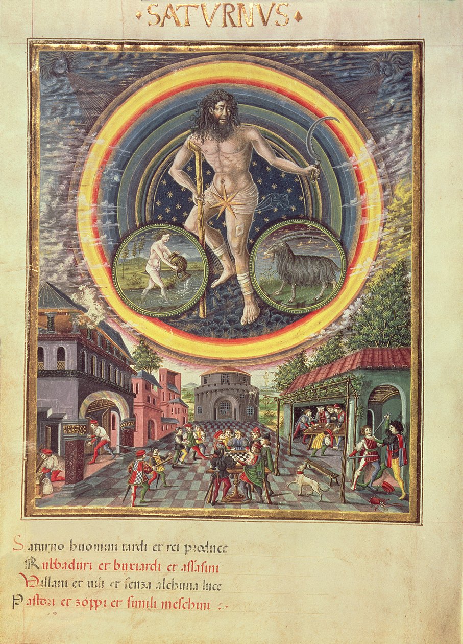 C129 Saturne avec les signes zodiacaux du Verseau et du Capricorne, extrait de "De Sphaera", vers 1470 (vélin) - Cristoforo (attributed to) De Predis