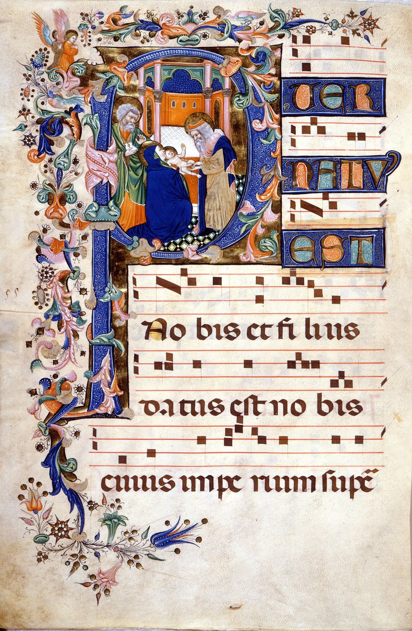 La circoncision du Christ dans une lettrine P. Partition (Choral) du 15e siècle par Cristoforo Cortese (première moitié du 15e siècle). Biblioteca Brera, Milan - Cristoforo Cortese