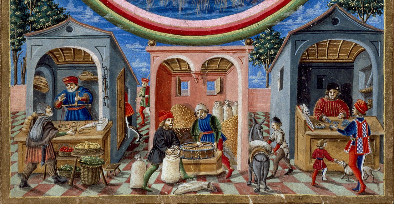 Détail de marchands vendant divers articles : à gauche, un marchand de fruits et légumes, au centre un meunier moulant du grain (Miniature, vers 1470) - Cristoforo De Predis