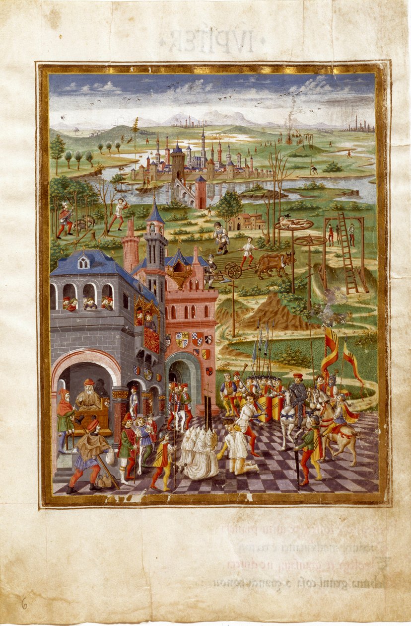 Scène de torture et de condamnations dans une ville médiévale. Influences de Saturne (miniature, vers 1470) - Cristoforo De Predis