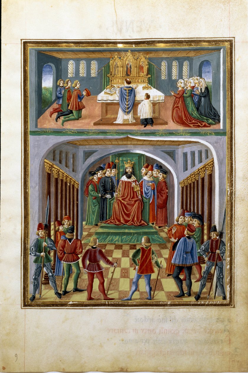 Influence du soleil : pouvoirs temporels (roi devant ses courtisans) et pouvoirs spirituels (prêtre servant dans une église). (miniature, vers 1470) - Cristoforo De Predis