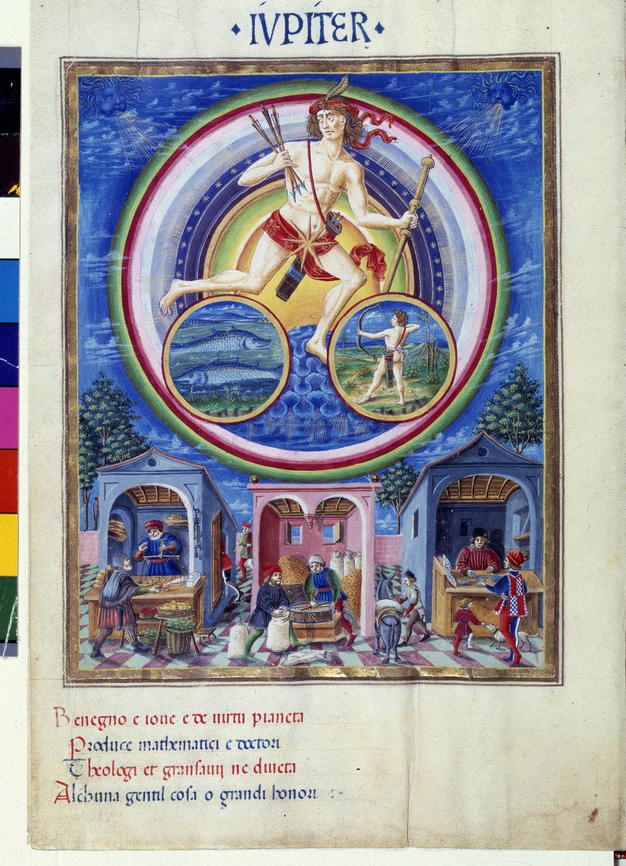 Jupiter avec les signes du zodiaque des poissons et du sagittaire. En bas, des marchands vendant divers articles. Miniature réalisée par Cristoforo de Predis (v. 1440-v. 1486) - dans "De Sphaera" d