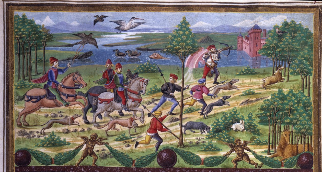 La Chasse, détail dans "Influence de mars": chasse et tribunal. Miniature réalisée par Cristoforo de Predis (v. 1440-v. 1486) - dans "De Sphaera" d