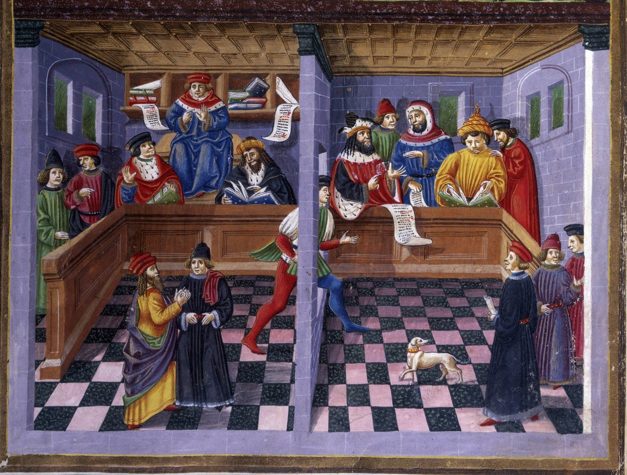 Le Tribunal dans "Influence de mars": la chasse et le tribunal. Miniature réalisée par Cristoforo de Predis (v. 1440-v. 1486) - dans "De Sphaera" d