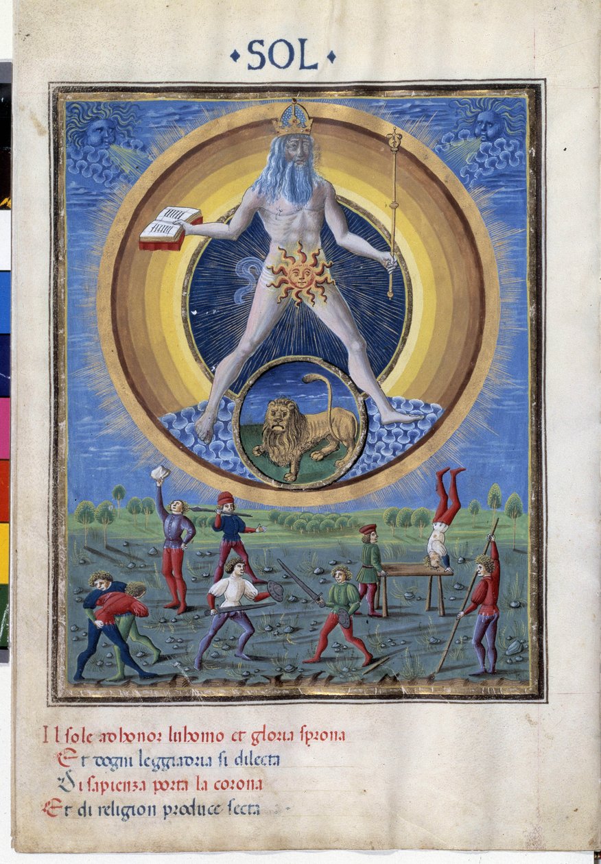 Soleil avec le signe du zodiaque du lion. En bas, scènes d