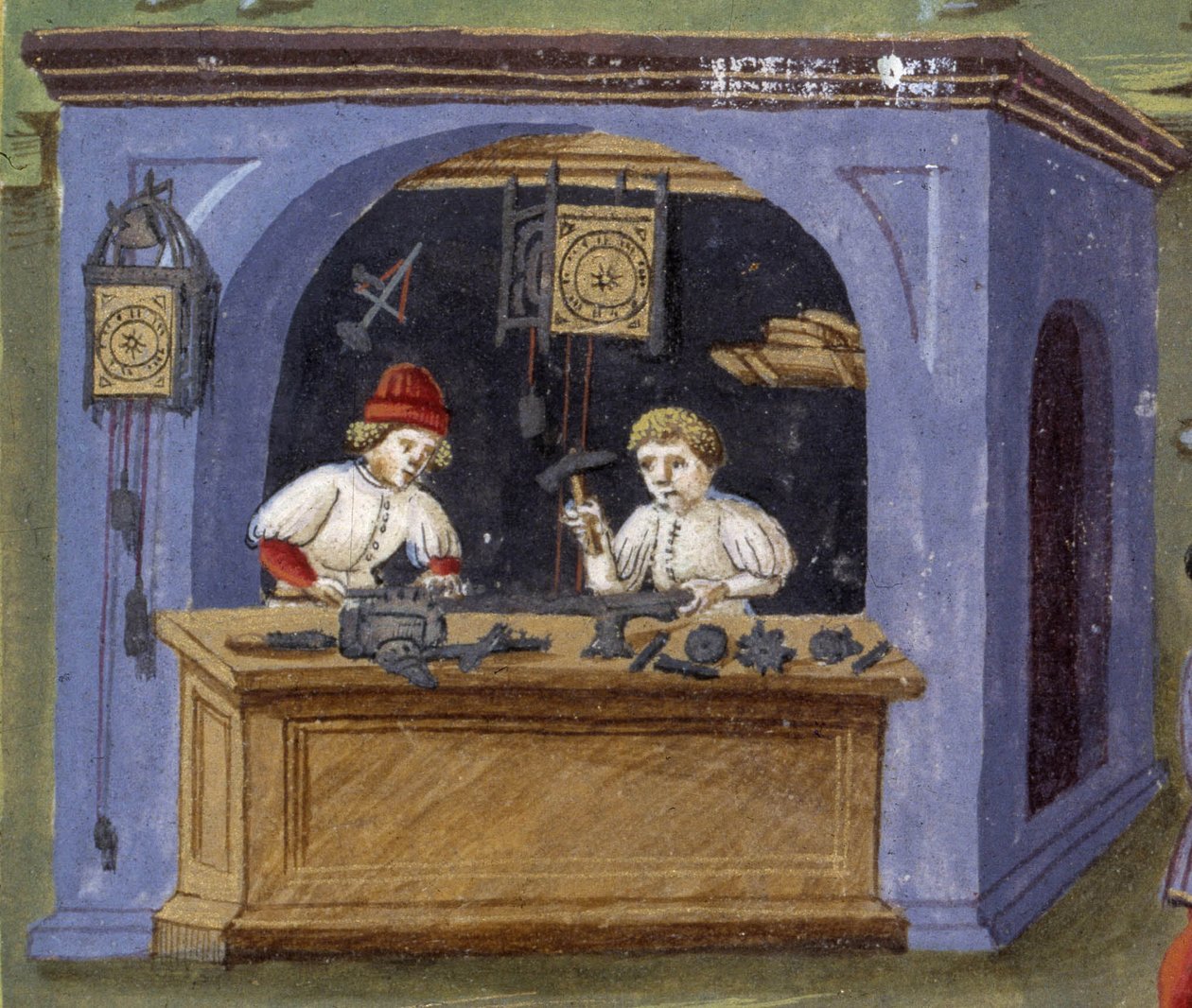 Un horloger dans "Influence de la lune": artisans. Miniature réalisée par Cristoforo de Predis (v. 1440-v. 1486) - dans "De Sphaera" d
