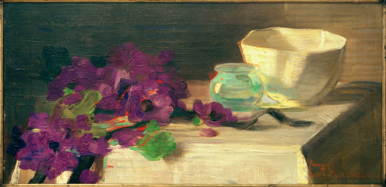 Nature morte avec anémones, vase en verre et bol en porcelaine - Curt Herrmann