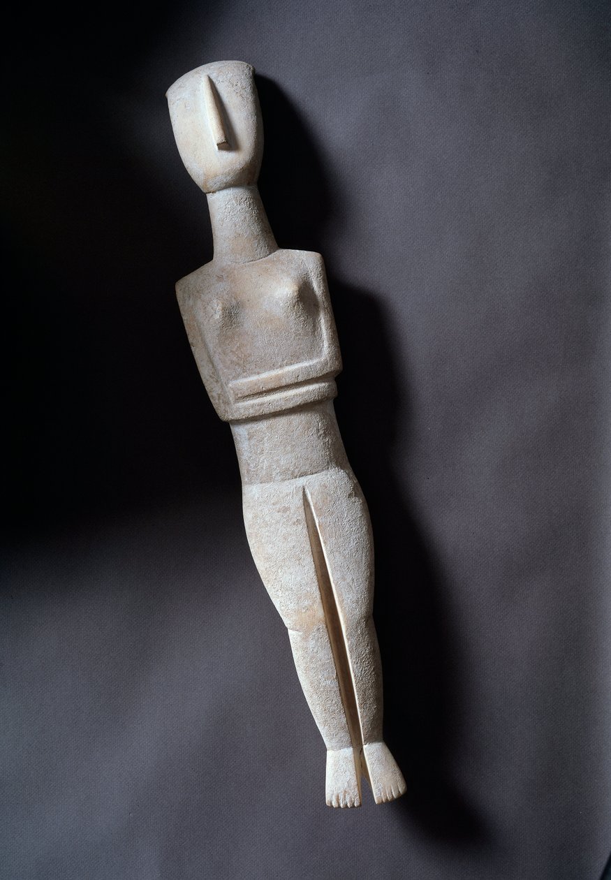 Idole féminine, figurine schématique, marbre blanc avec incrustations d