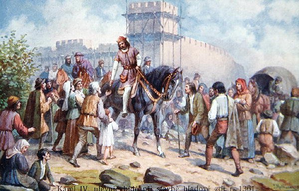Charles IV saluant les gens ordinaires lors de son expansion des fortifications de Prague en 1361, carte postale du début du XXe siècle - Czech School