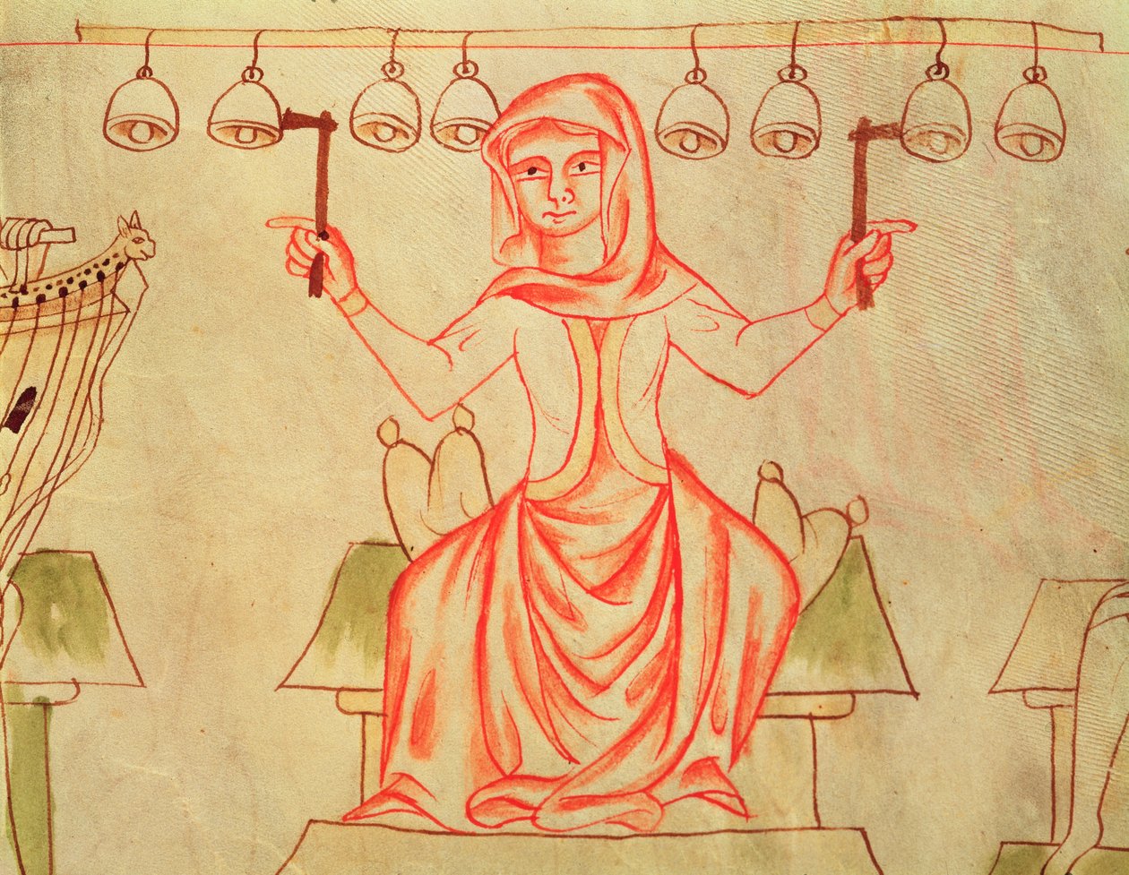 Ms XXIII C.124 Musicien jouant des cloches, de la Bible de Velislav, vers 1340 - Czech School