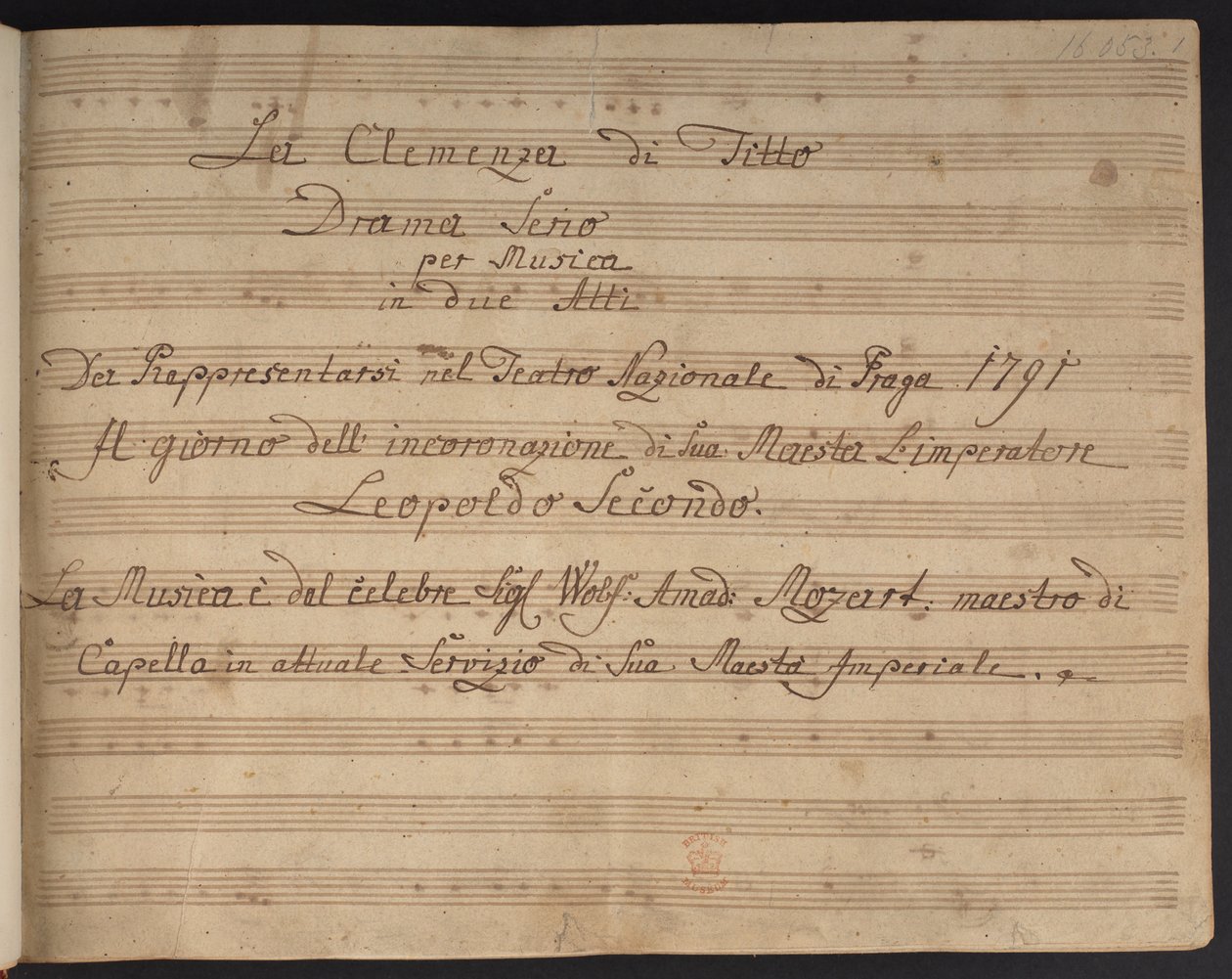 Page de titre de la partition La Clémence de Titus - Czech School