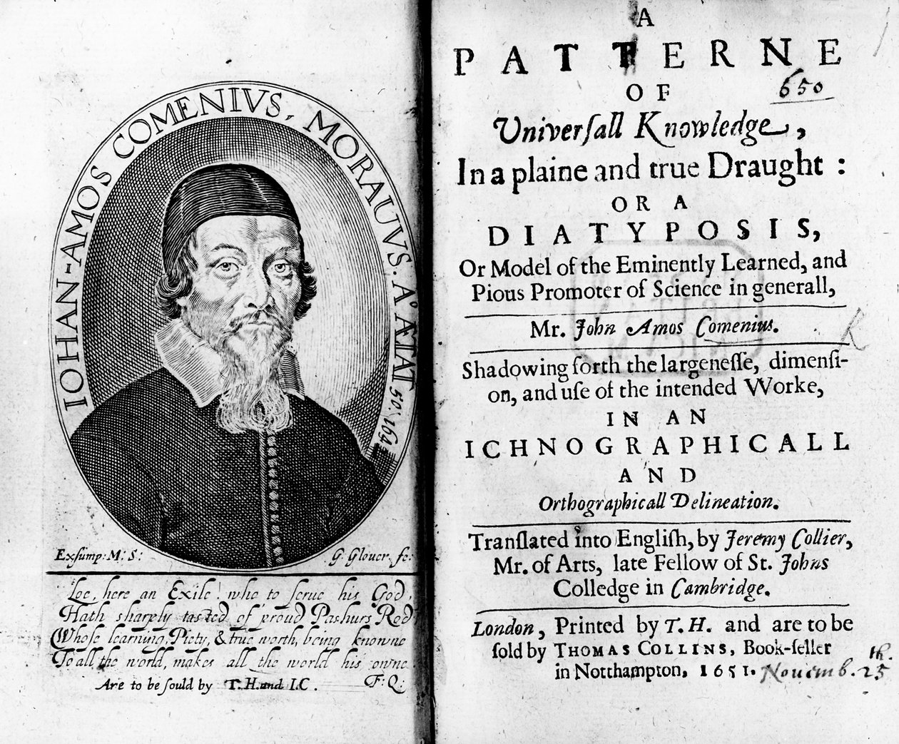Page de titre et frontispice de A Patterne of Universall Knowledge, incluant un portrait de Jan Amos Komensky, gravé par George Glover, 1651 - Czech School