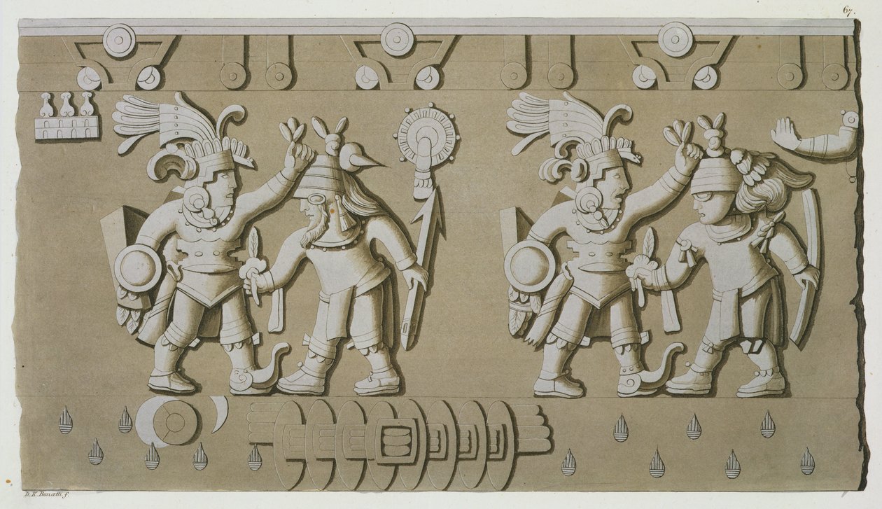 Bas-Relief de Guerriers Aztèques Anciens, de la Pierre de Tizoc Commemorant un Souverain Tenant ses Captifs par la Tête - D.K. Bonatti