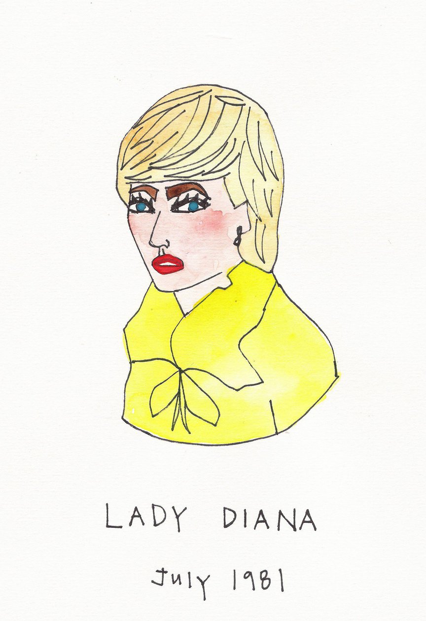 Lady Diana, 2017 (encre de Chine jaune, rouge, bleue et brune avec stylo-feutre sur papier) - Daisy de Villeneuve