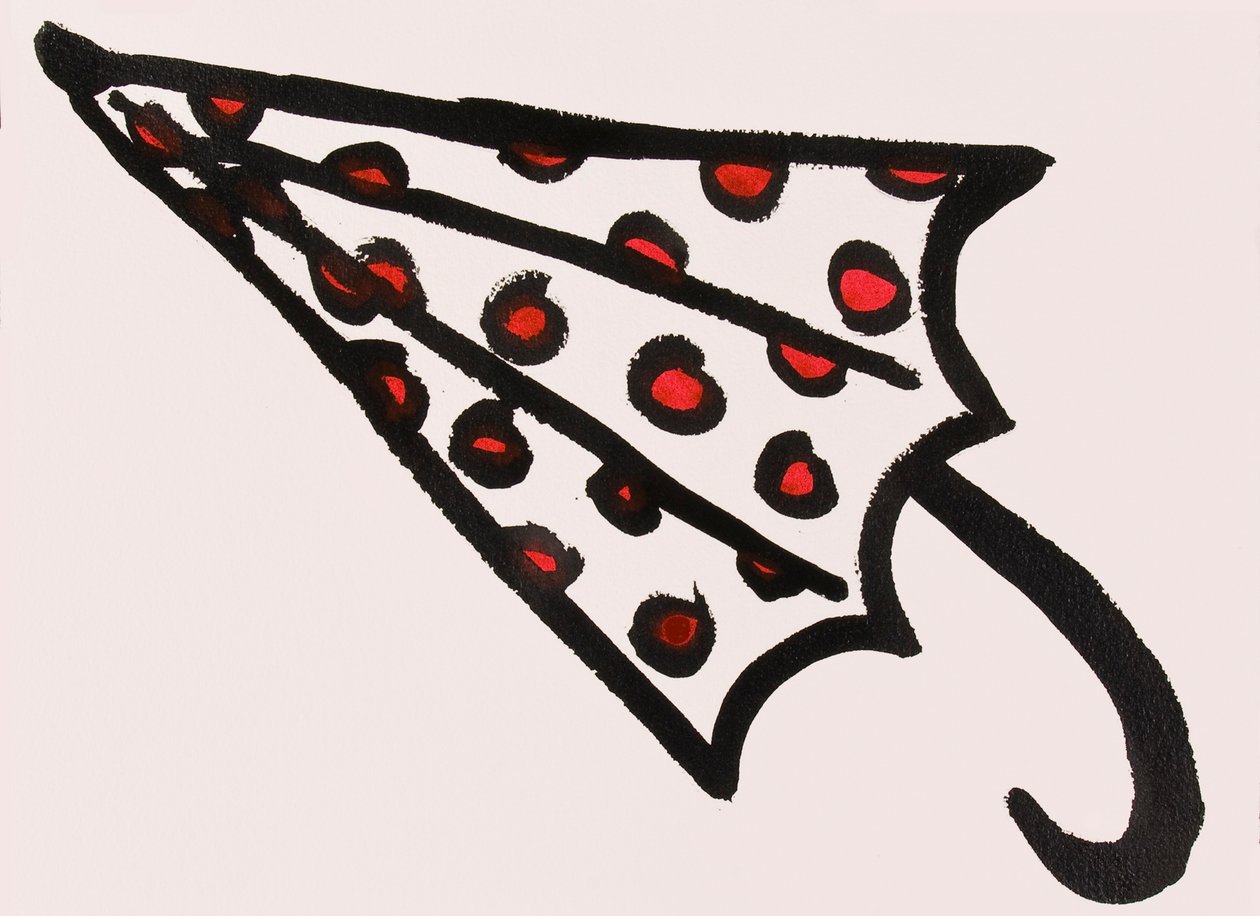 Red Spotty Umbrella, 2017 (encre de Chine rouge et noire sur papier) - Daisy de Villeneuve