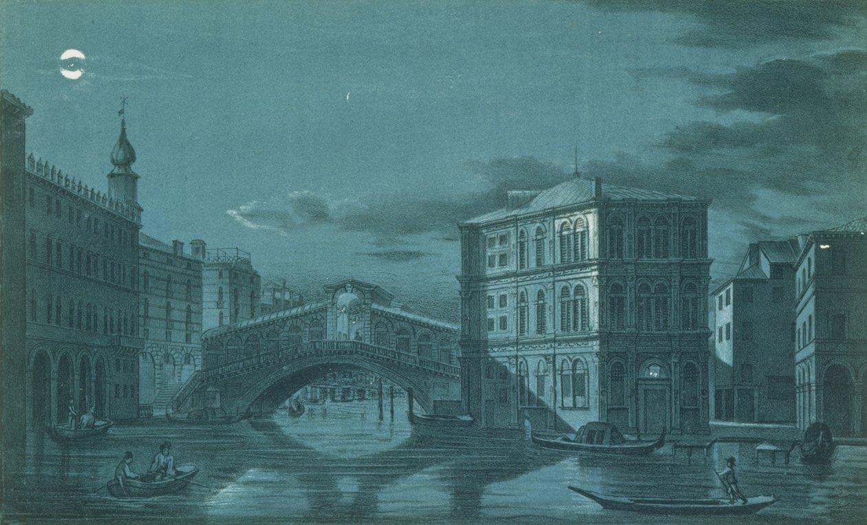 Scène nocturne du Ponte di Rialto, Venise, gravée par Brizeghel - Dalda