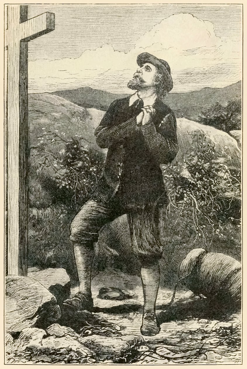 Christian devant la croix de "Le Voyage du pèlerin de ce monde à celui qui est à venir" par John Bunyan - Dalziel Brothers