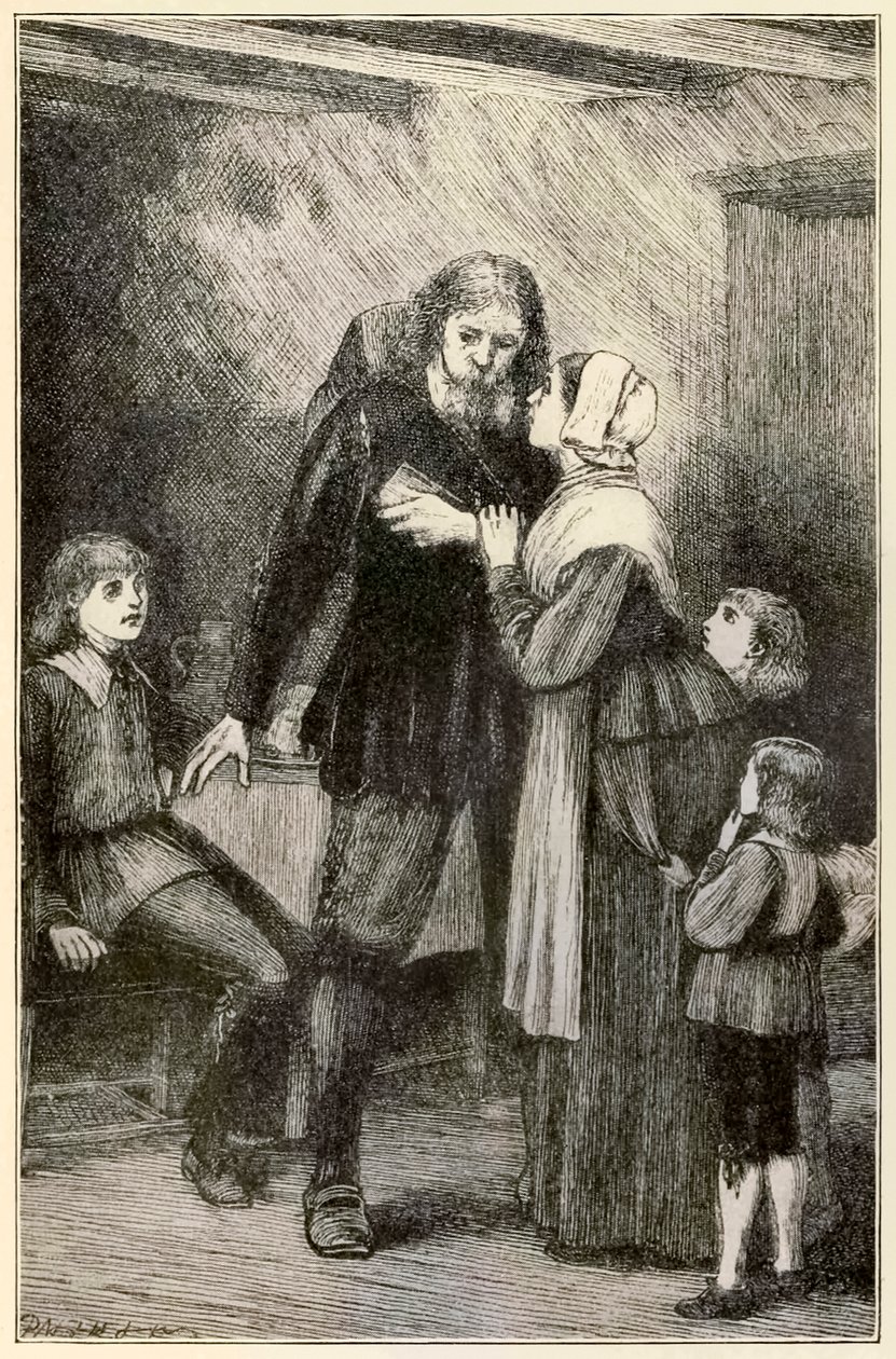 Christian confie à sa femme de The Pilgrims Progress From This World, To That Which Is To Come par John Bunyan (1628-1688) illustration par Thomas Dalziel (1823-1906) Christian avec le lourd fardeau - Dalziel Brothers
