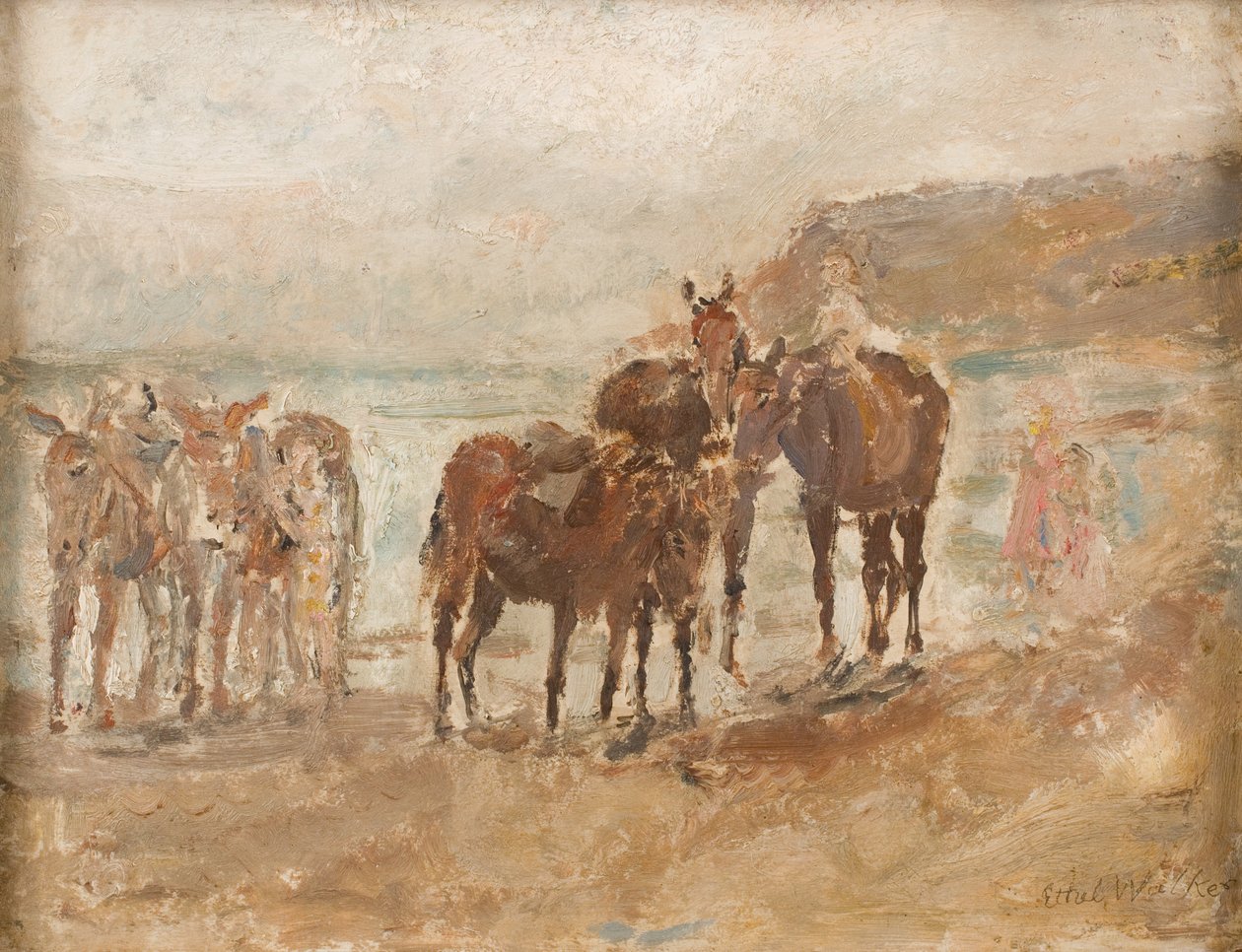 Baie de Robin des Bois avec des ânes, vers 1935 (huile sur carton) - Dame Ethel Walker